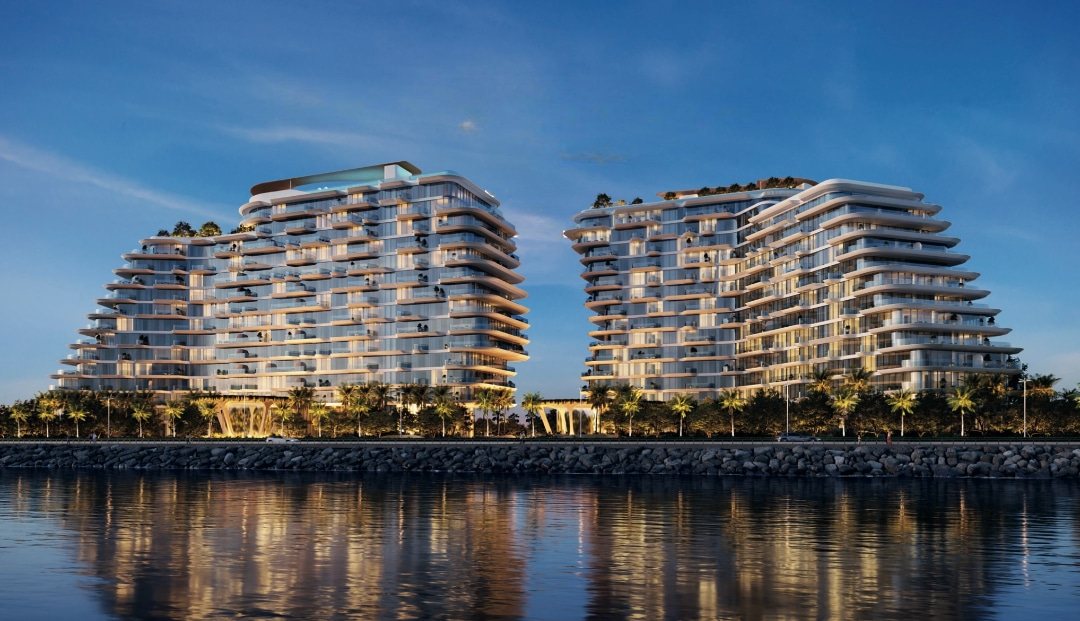 De twee torens van Passo by Beyond aan het water op de West Crescent van Palm Jumeirah